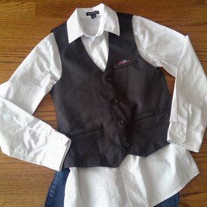 White Dot Casual Dress Shirt with Dark Gray Vest Combo Boy's Size